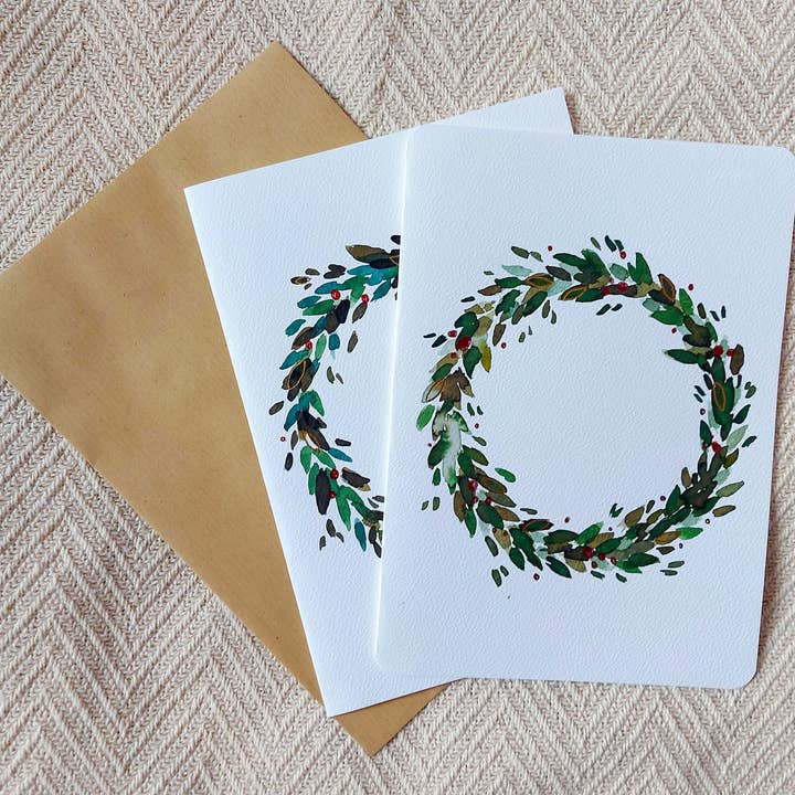 Handmade watercolor Christmas card big wreath for wholesale by Lemon.lemoff