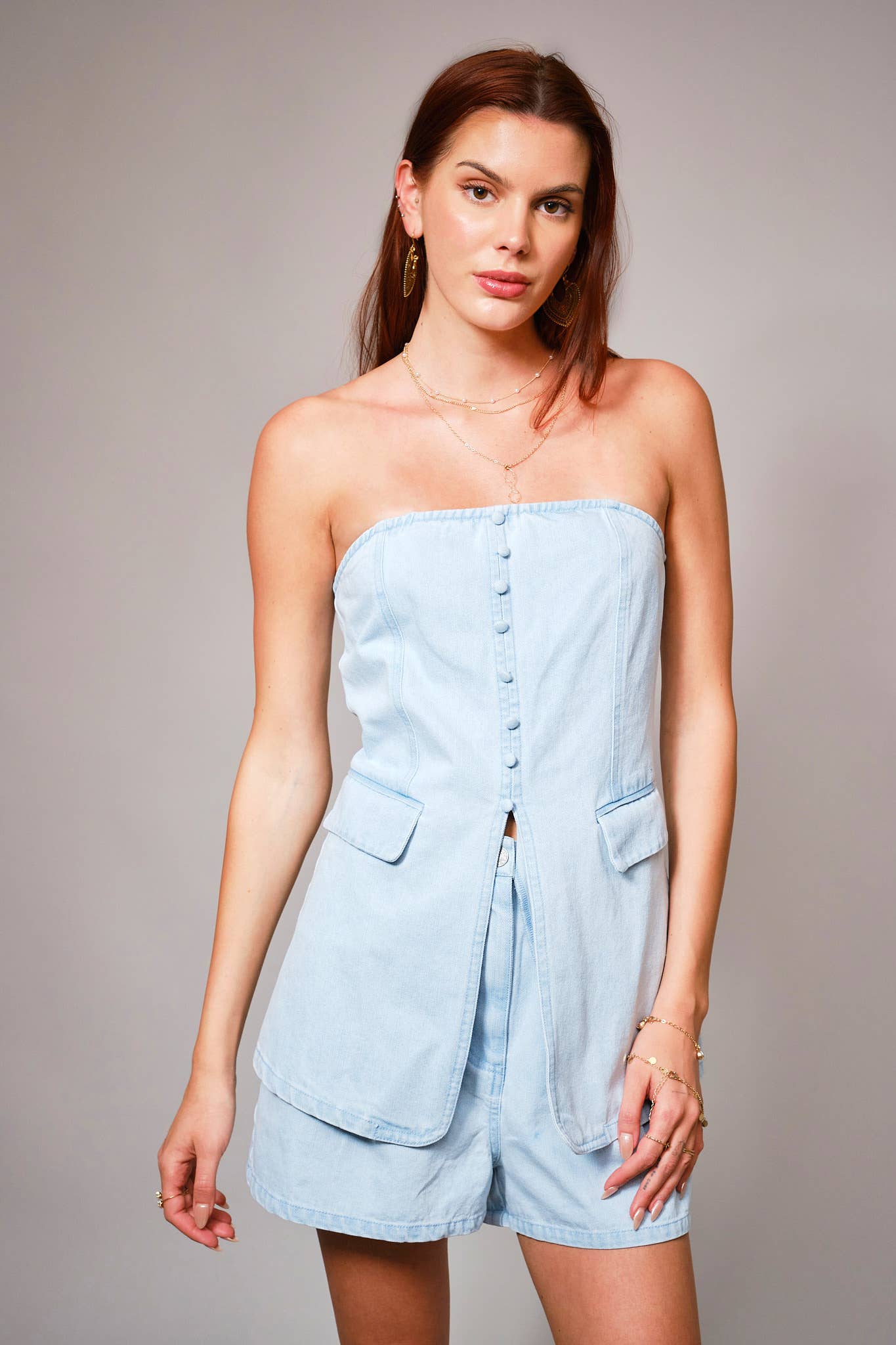 LIGHT WASH 23680SET - Tube Button Detail Tunic Denim Set for wholesale on Faire6