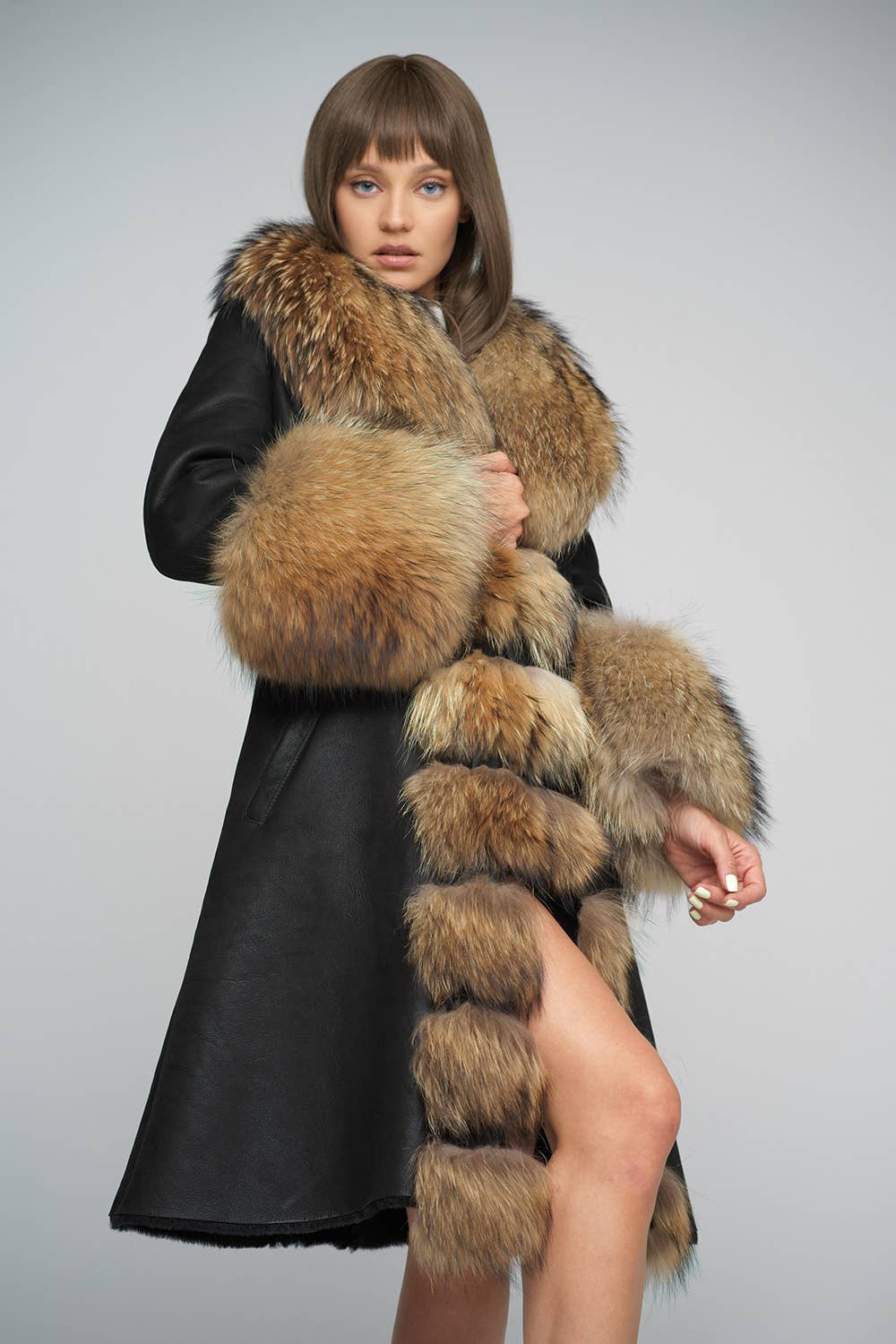 black Sheepskin and polar raccoon fur coat 2039 for wholesale on Faire2