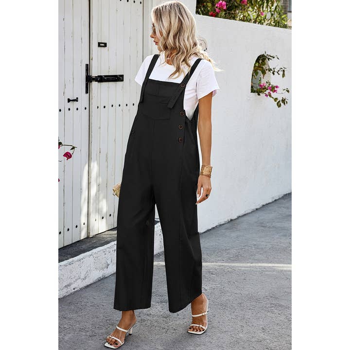 GREEN Solid Square Neck Button Trim Pockets Jumpsuit for wholesale on Faire12