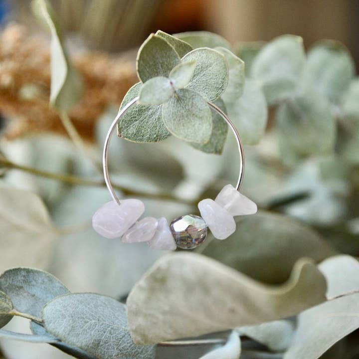 Rose Quartz Gemstone Chip Hoop Earrings Silver for wholesale by Moonstone Made