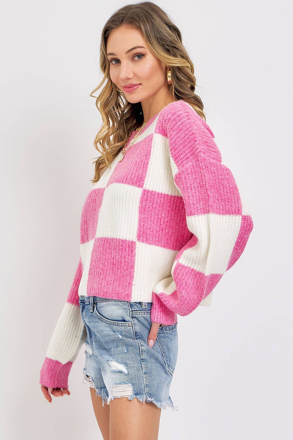Sweet Lovely by Jen - Wholesale Knit Sweater - Women's - CASUAL SOFT COZY  RELAXED FIT CHECKER KNIT SWEATER16