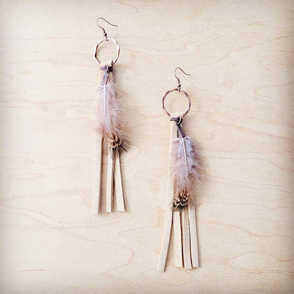 Boho Bone Deer Skin Leather Tassel Earring-Brown Feather 217r for wholesale by The Jewelry Junkie