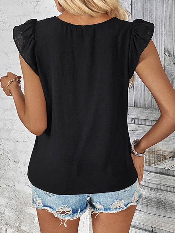 Black V Neck Contrast Lace Tape Short Sleeves Top BFZY735 for wholesale on Faire3