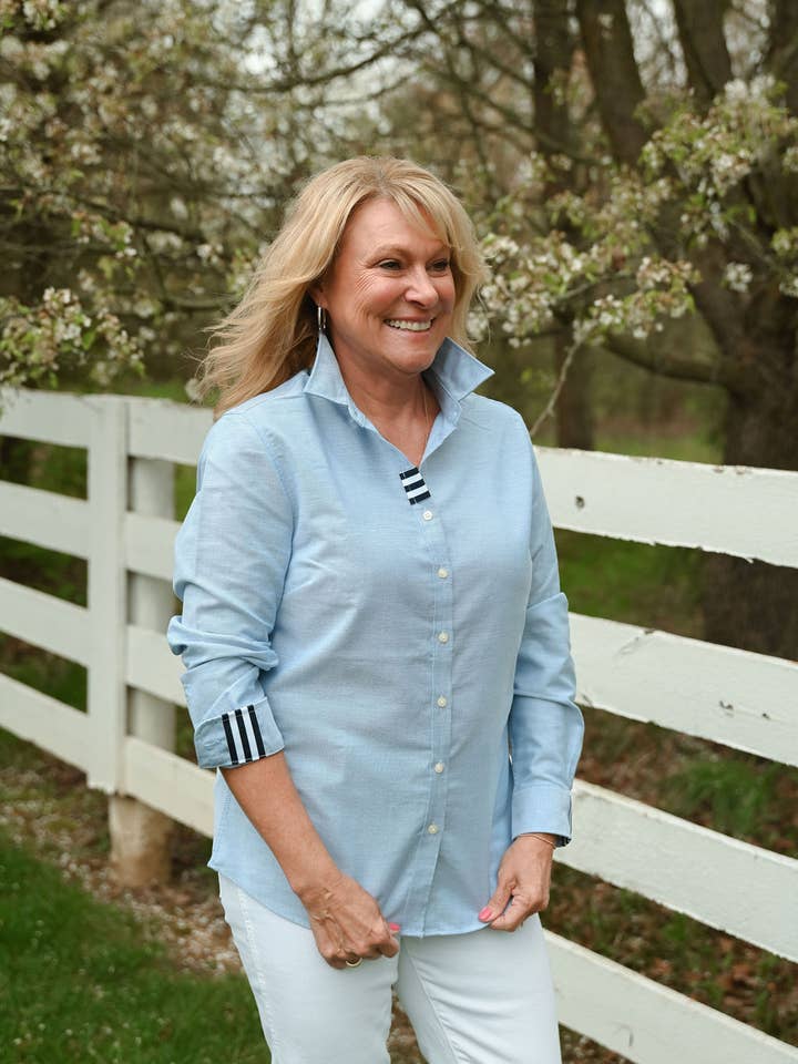 Casie 2 - Blue Oxford w/Navy & White Stripe Ribbon for wholesale by Pearly Vine