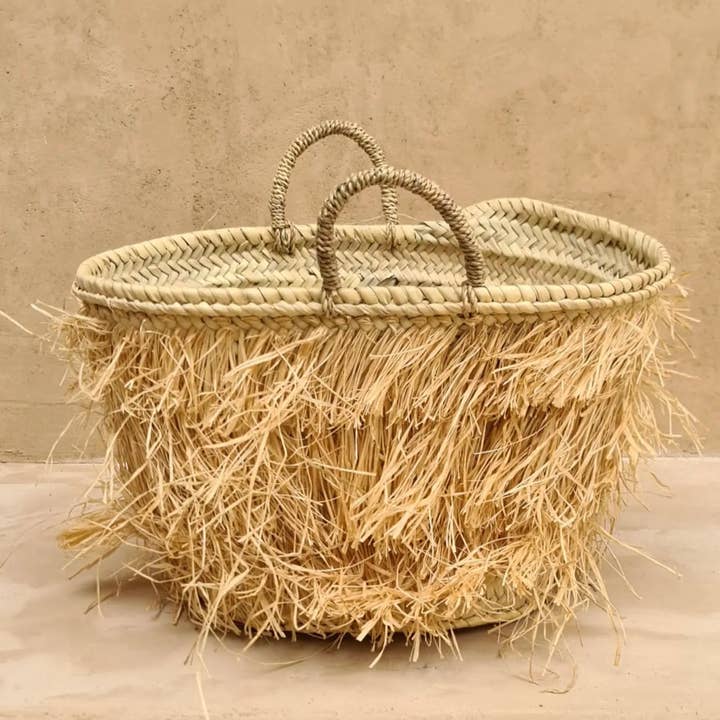 Cesta de paja natural tejida a mano con flecos para venta al por mayor de MIRAMAR Store