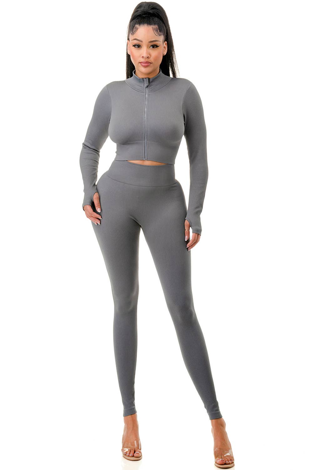 MIO WHOLESALE - Wholesale Top & Pant Set (NOT Loungewear) - Women's - JA60SET SOLID RIB ZIP-UP FRONT CROP JACKET SET13