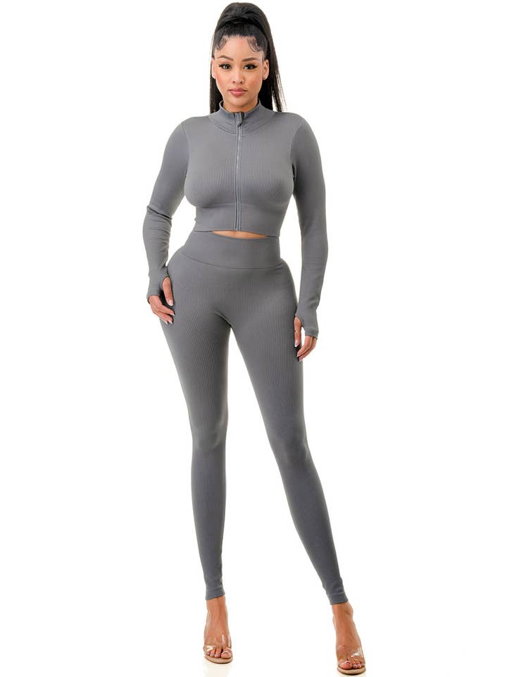 MIO WHOLESALE - Wholesale Top & Pant Set (NOT Loungewear) - Women's - JA60SET SOLID RIB ZIP-UP FRONT CROP JACKET SET13