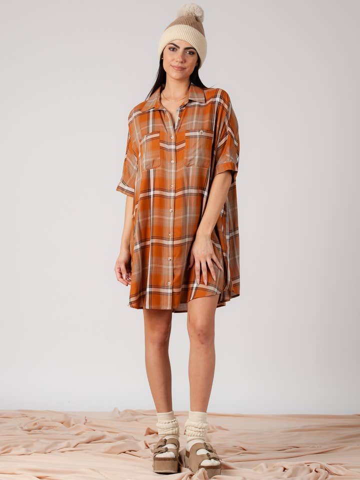 Herfstvakantie RYLIE PLAID TUNIEK DRESS-PUMPKIN PLAID voor wholesale door Lucca Couture
