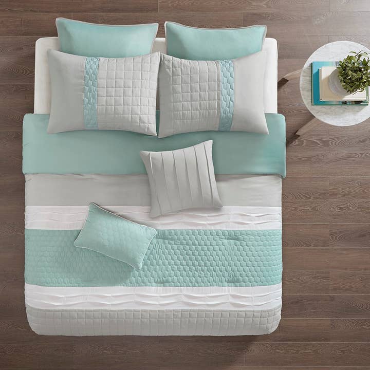 Olliix - Wholesale Bedding Set - Seafoam Blue/Grey Colorblock Comforter Set