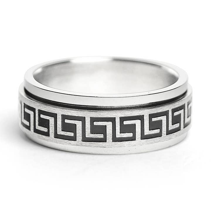 Black Greek Key Spinner Center Polished Stainless Steel Ring for wholesale by WJW