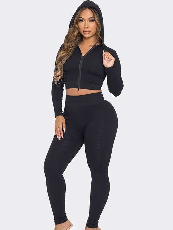2 Pcs Seamless Long Sleeve Hoodie and Highwaist Legging Set for wholesale by Lime All the Time