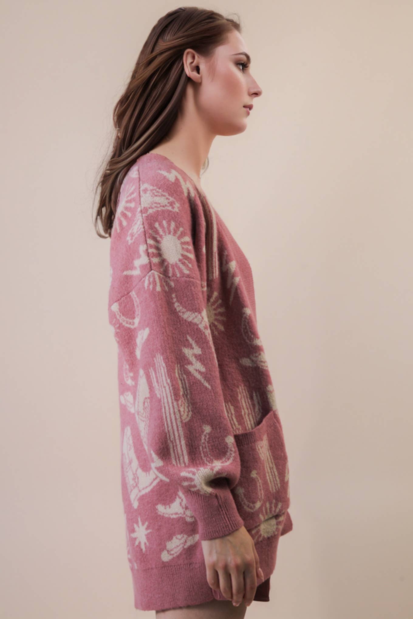 VERY J - Wholesale Cardigan - Dames - 12W3393N-Oversized Western Graphic Gebreide Trui Vest2