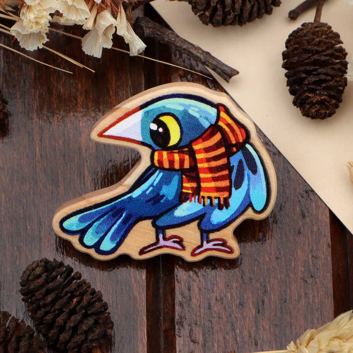 Crow with a Scarf - Wooden Pin for wholesale by JelArts
