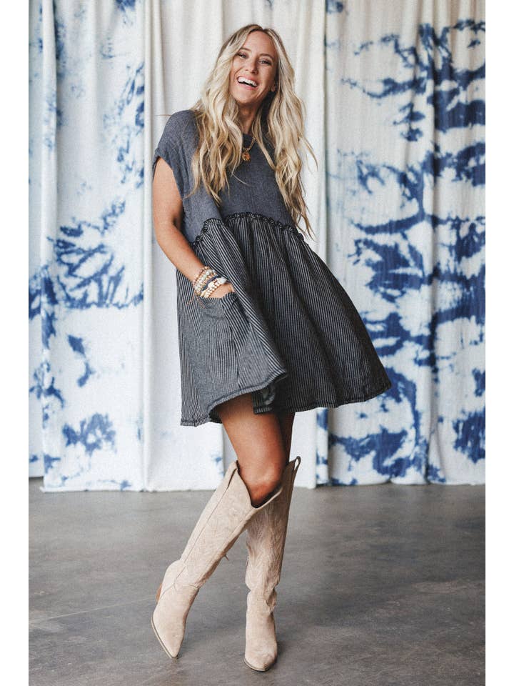 Grey No Fuss Babydoll Dress - Charcoal Black for wholesale on Faire
