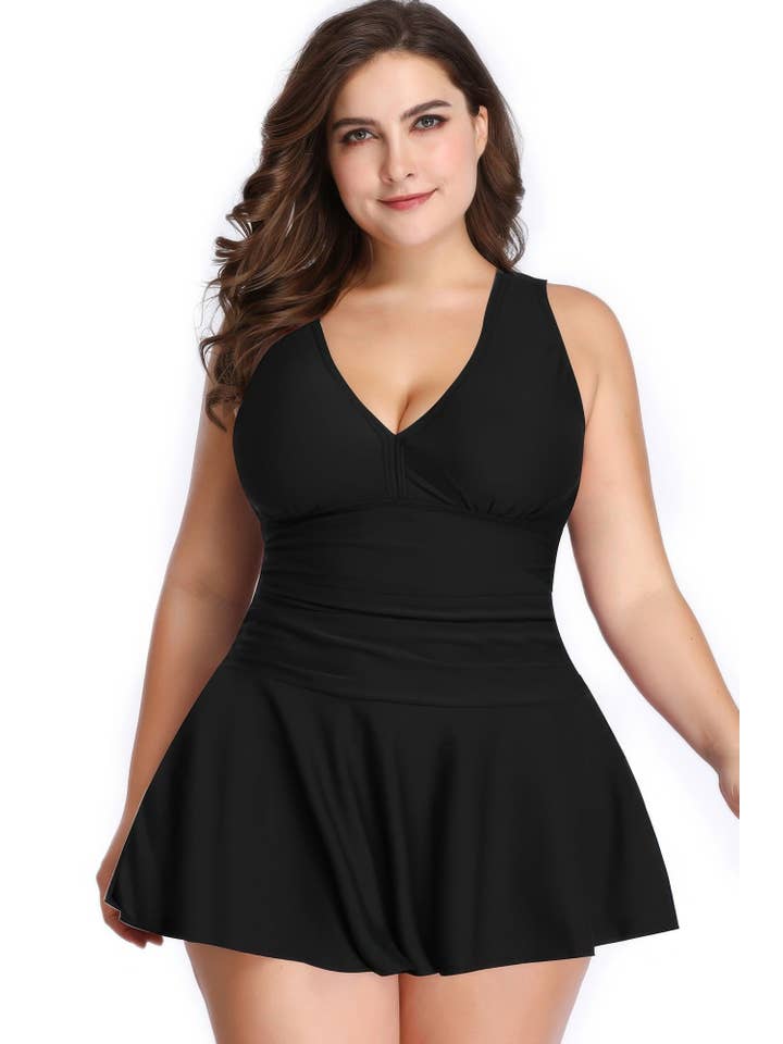 CC Wholesale Clothing - Wholesale One Piece Swimsuit - Women's - Plus Size Solid Ruffle V Neck Fit Swimsuits