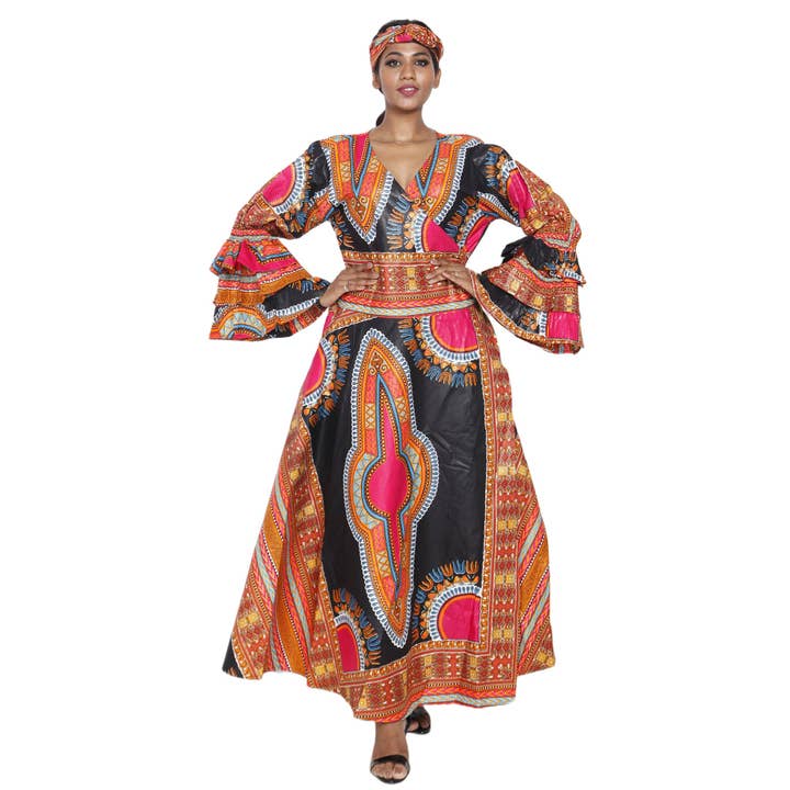 Women's Dashiki Ruffle Sleeve Maxi Wrap Dress -- FI-D70 FS for wholesale by African Stars