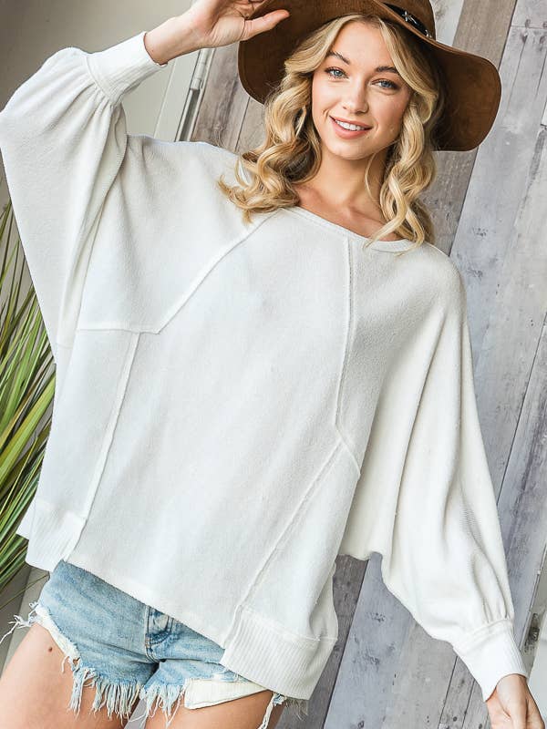 BUCKETLIST - Wholesale Tunic - Women's - T1314 Reverse Stitch Details Dolman Sleeves Solid Tunic Top