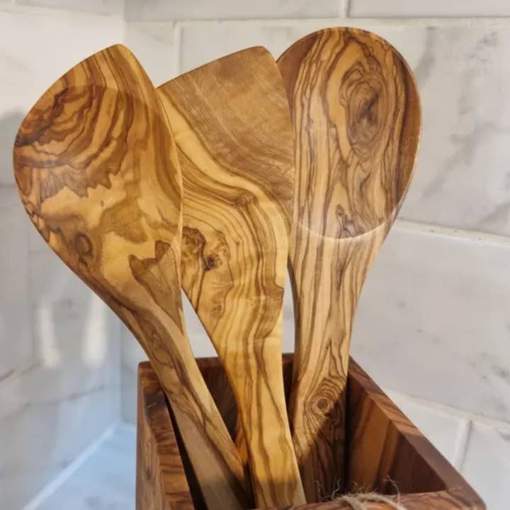 Olive Wood Utensils Set of 3 (Spoon, Spatula & Corner Spoon) for wholesale by J&M Homewares