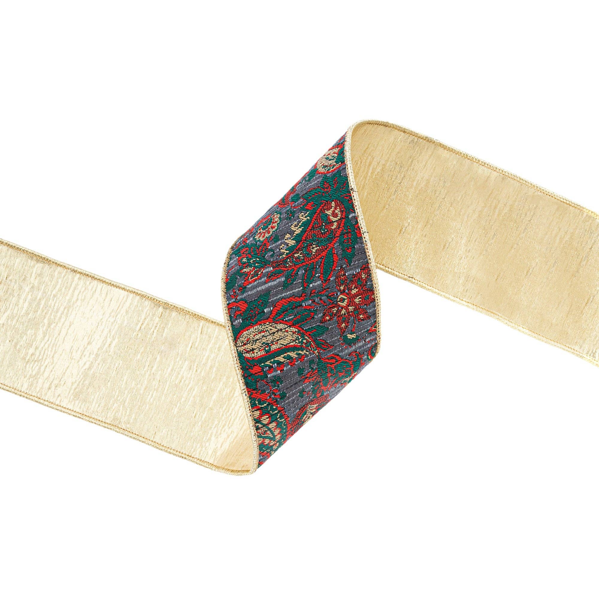 LA Ribbons Wholesale – Großhandel Band – Geschenke verpacken – 10-Yard-Rolle 4" Draht-Jacquardband | Burgunder Damast Paisley mit goldener Dupioni-unterfütterung5