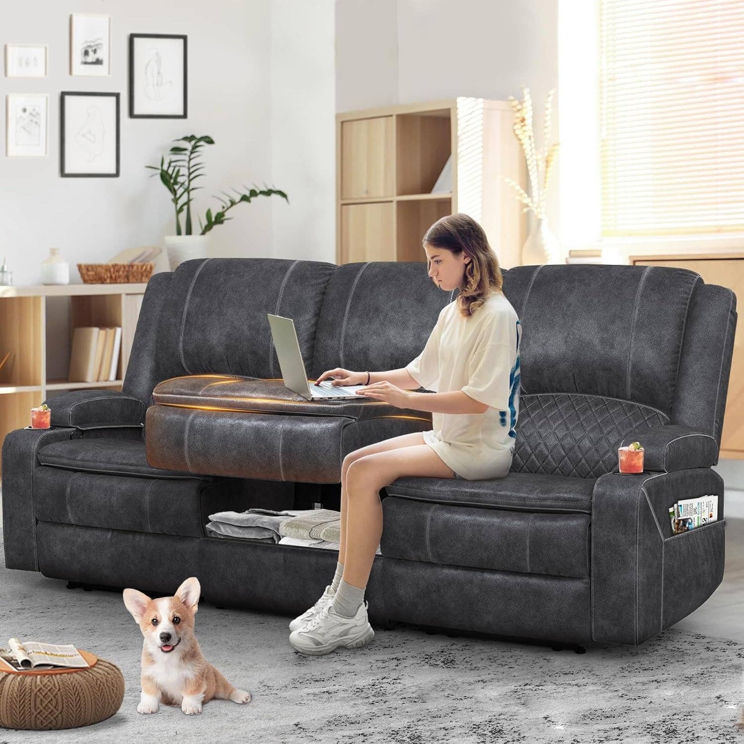 Grey Three Seater Manual Recliner Sofa Modern Living Room for wholesale on Faire0