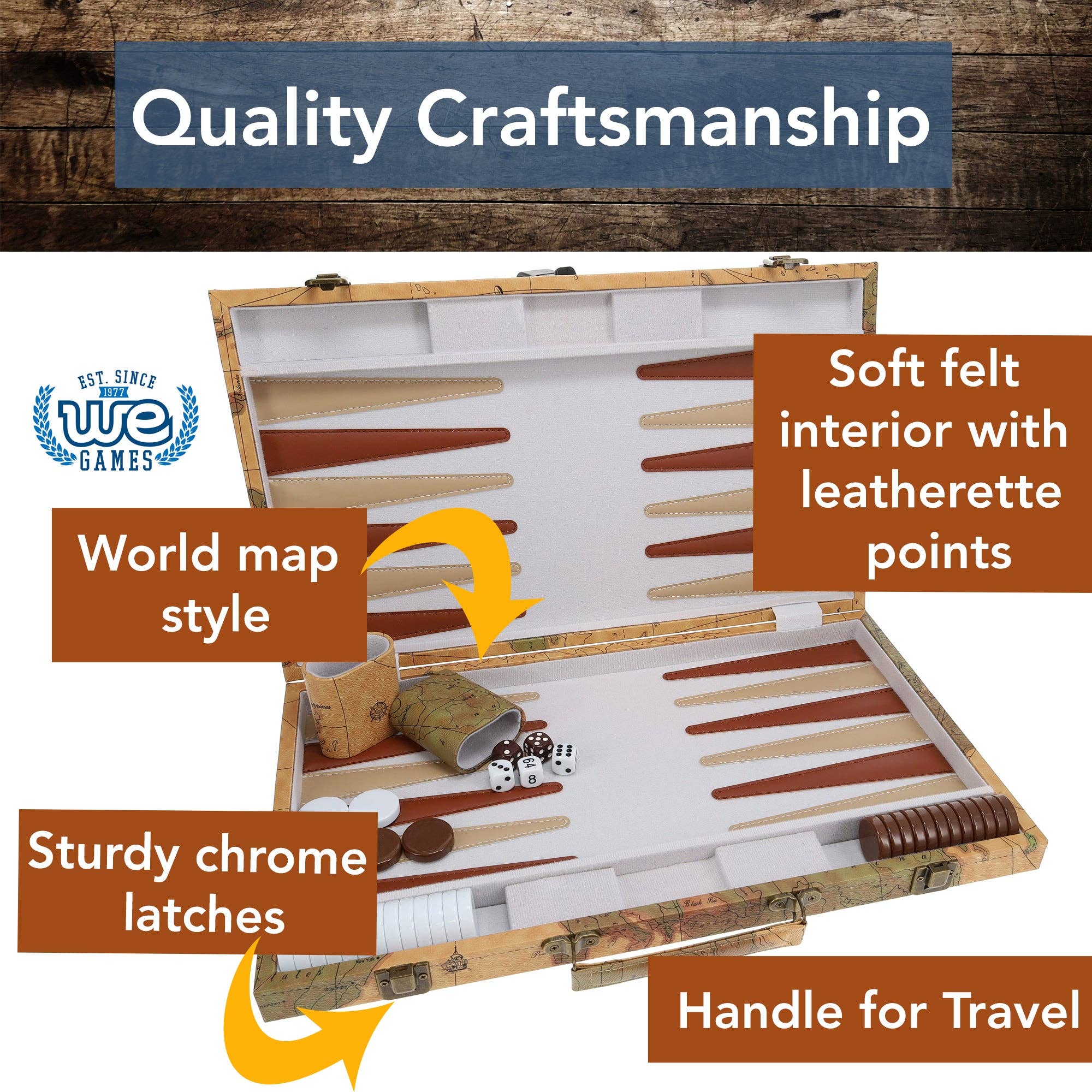 Wood Expressions - Wholesale Board Game - Tan Map Style Leatherette Backgammon Set, 18 x 11 in.2