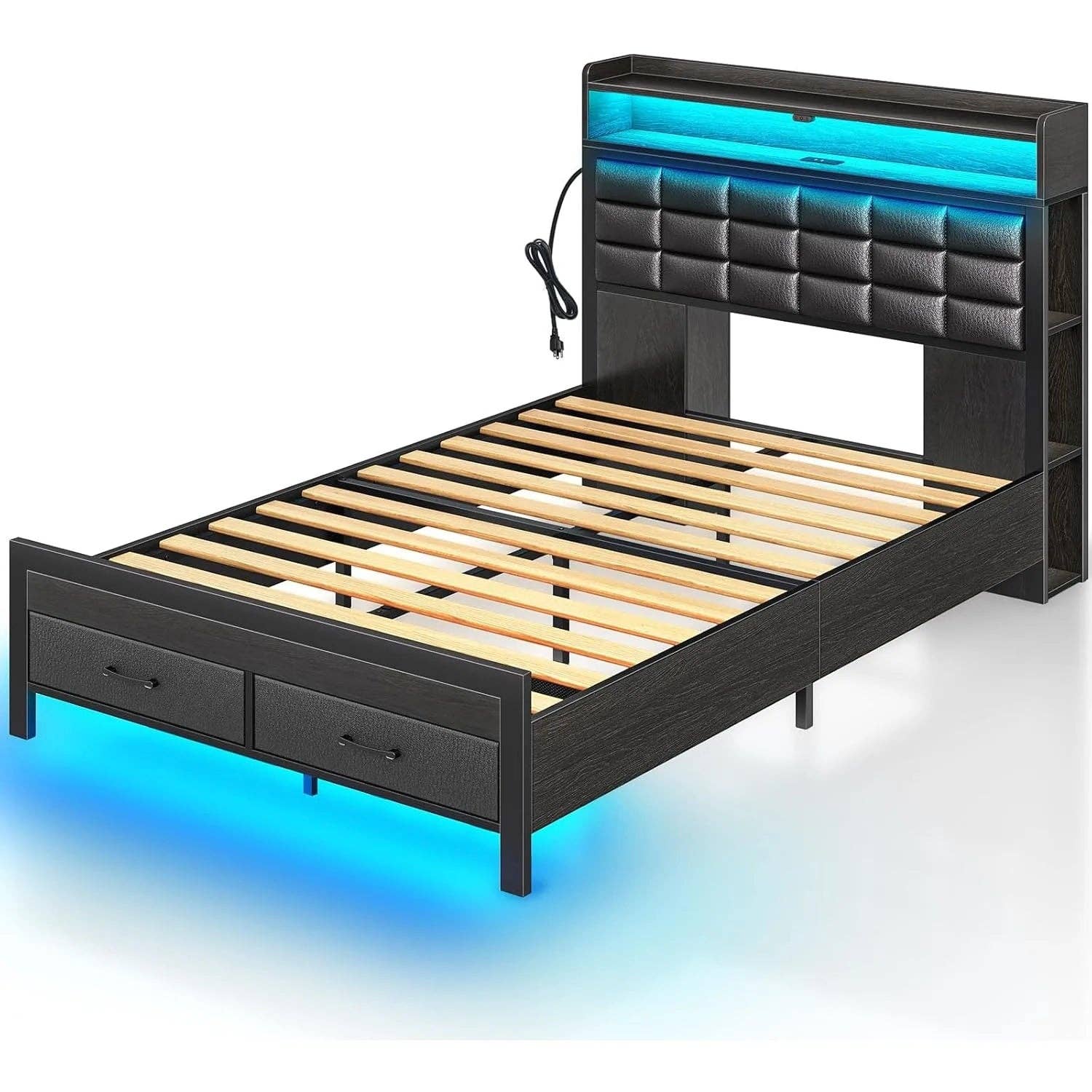 American Smart - Wholesale Bed - Bed Frame with Storage Headboard & 2 Drawers,Upholstered Platform Bed with Charging Station & LED Light,Heavy Duty Frame Support1