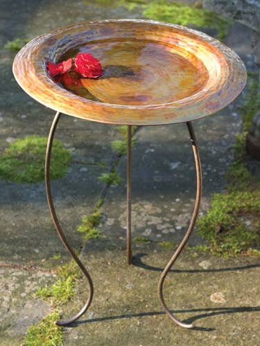 Flamed Copper Round Bird Bath, Standing for wholesale by Ancient Graffiti