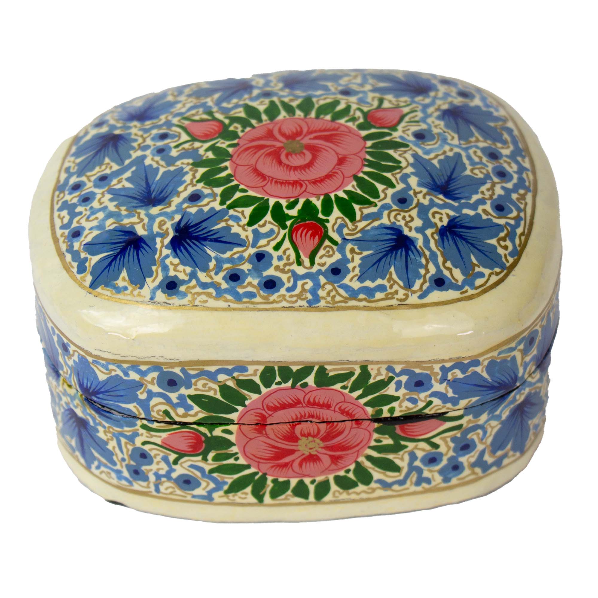 Global Crafts – wholesale Prydnadslåda – Handmålad kashmirisk träask, blå med pion2