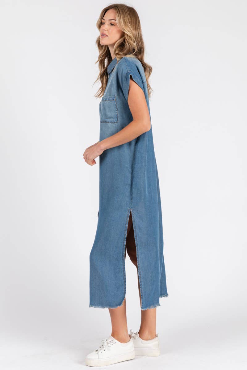 ZiA Apparel - Wholesale Jurk - Dames - Maxi spijkerjurk met korte mouwen en overhemdstijl6