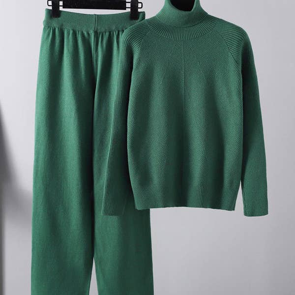 Urban Long Sleeves Loose Solid Half Turtleneck Sweater Tops & Wide Leg Pants Two Pieces Set for wholesale by Plush Looks