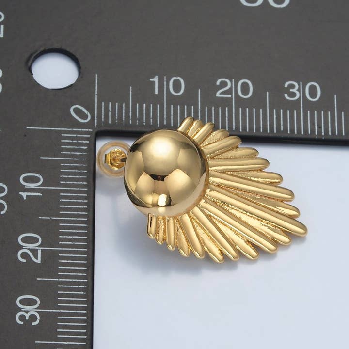 Aim Eternal - Wholesale Stud/Post Earrings - 24K Gold Filled Dome Sunburst Feather Door Knob Stud Earrings | AD7272