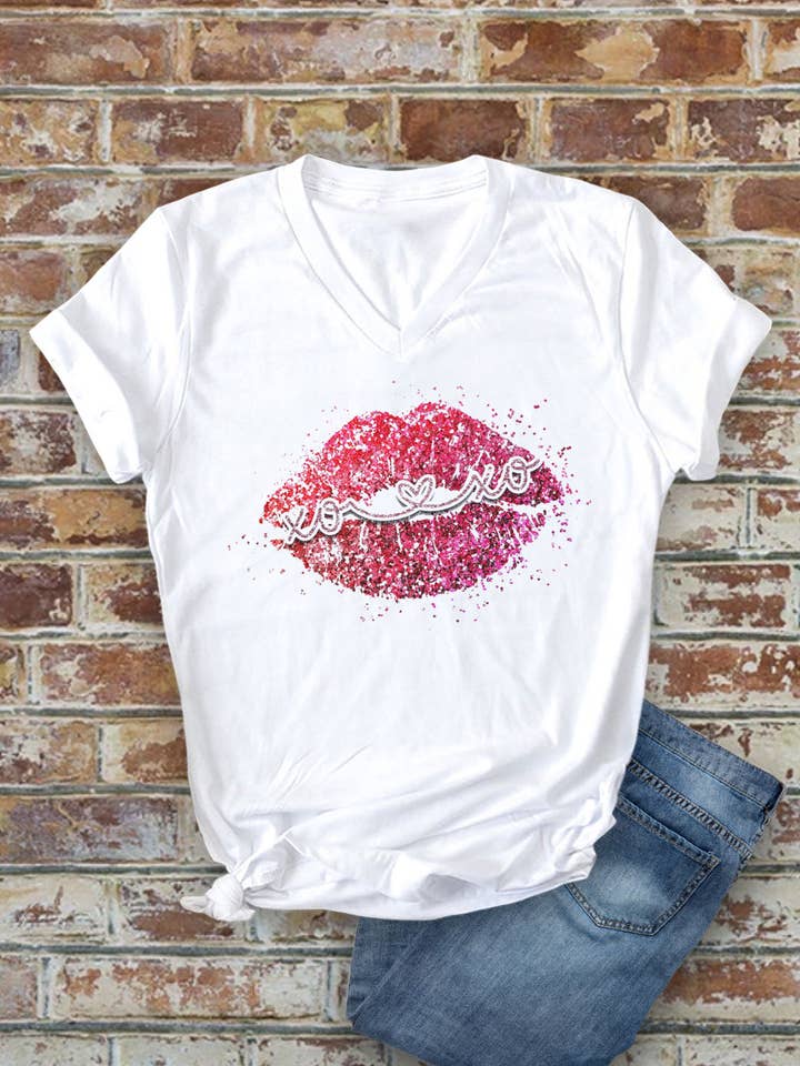 XOXO Red Sparkly Lips,Valentine, Unisex V-neck T-Shirt for wholesale by Top Avenue
