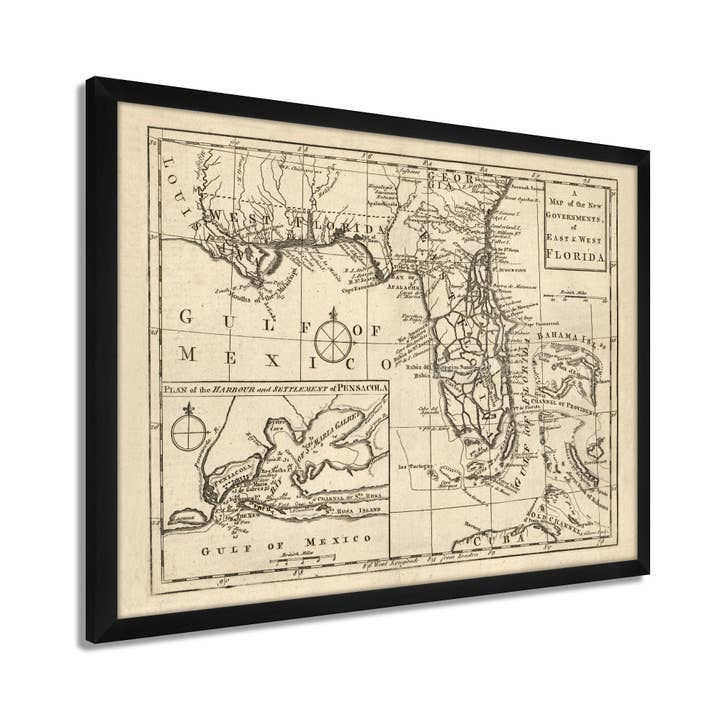 1763 Florida Map Poster - Framed Vintage Florida Map - History Map of Florida State - The New Governments of East & West Florida Map Wall Art Poster for wholesale by Historic Prints