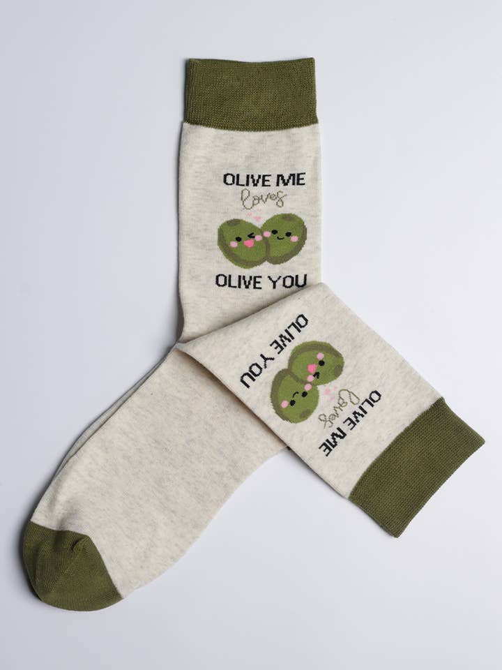 Women's Olive Me Loves Olive You Crew Socks for wholesale by Just Fun Socks