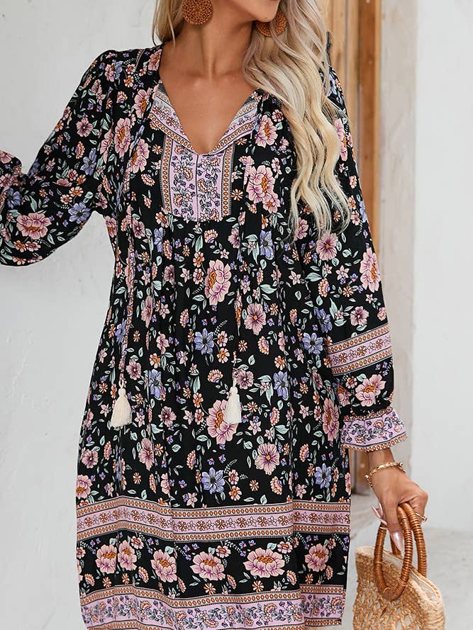 Split V Neck Black Floral Dress ZK467 for wholesale on Faire