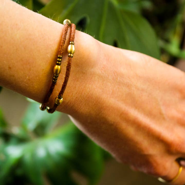 Layered double leather bracelet with brass beads » Handmade for wholesale by Nomadu