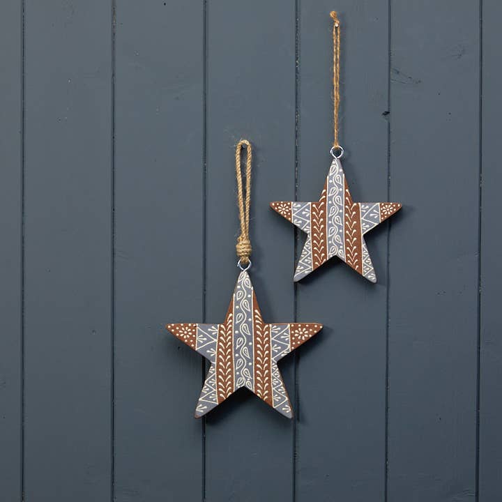 Satchville - Wholesale Ornament - Hanging Natural Star With Grey/White Kerry Work