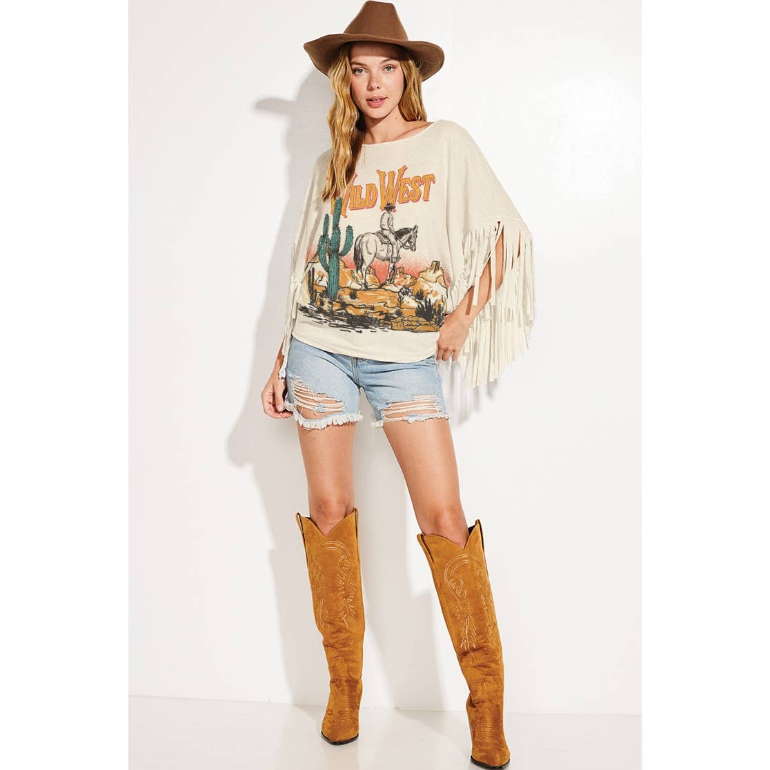 Phil Love - Vente T-shirt sérigraphié – femme - Top à franges Wild West Dolman5