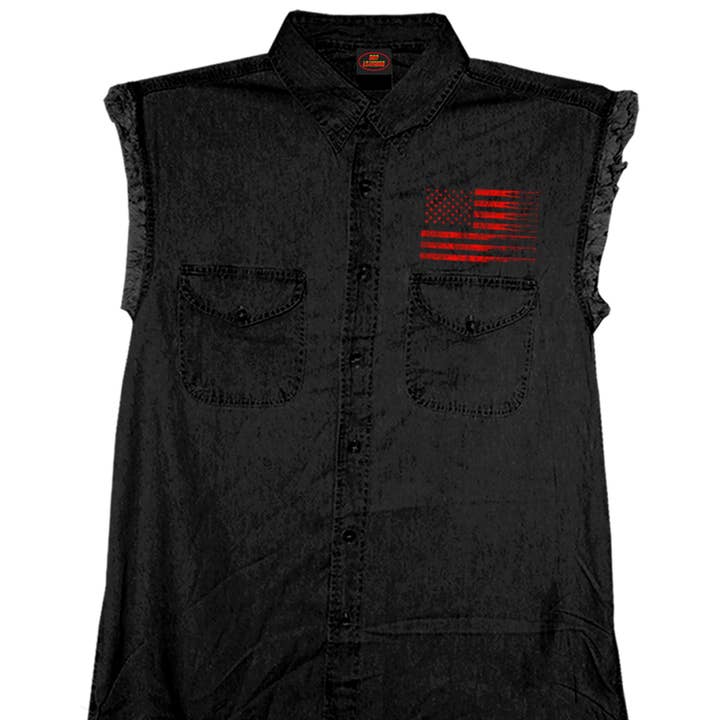Hot Leathers GMD5430 Mens Black Flag Bullets Sleeveless Black Denim Shir for wholesale on Faire1