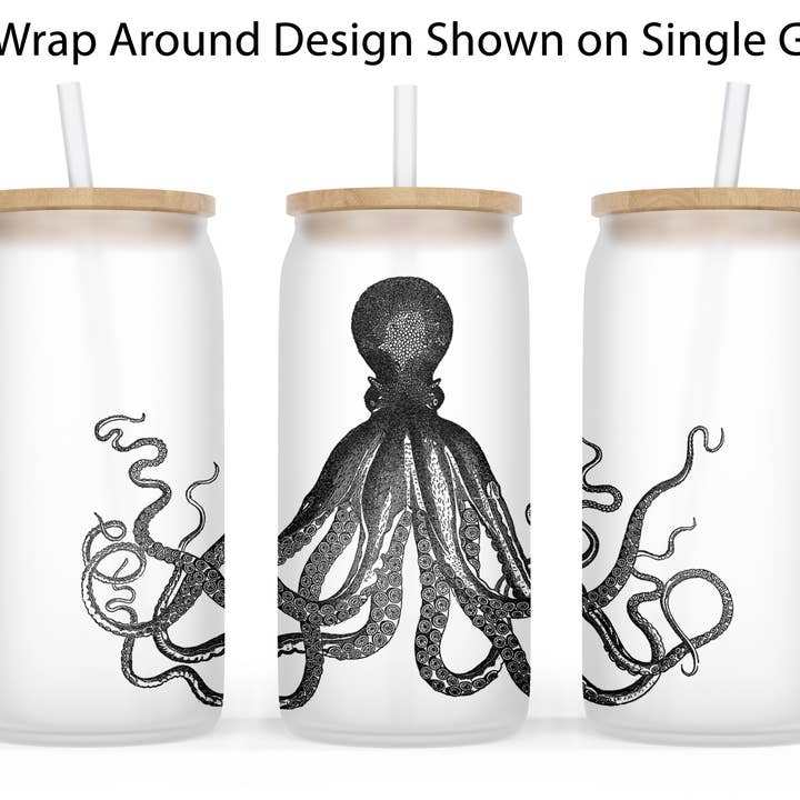 The Traveled Lane® - Wholesale Drinking Glass/Cup - Octopus 18oz Frosted Glass Tumbler & Bamboo Lid