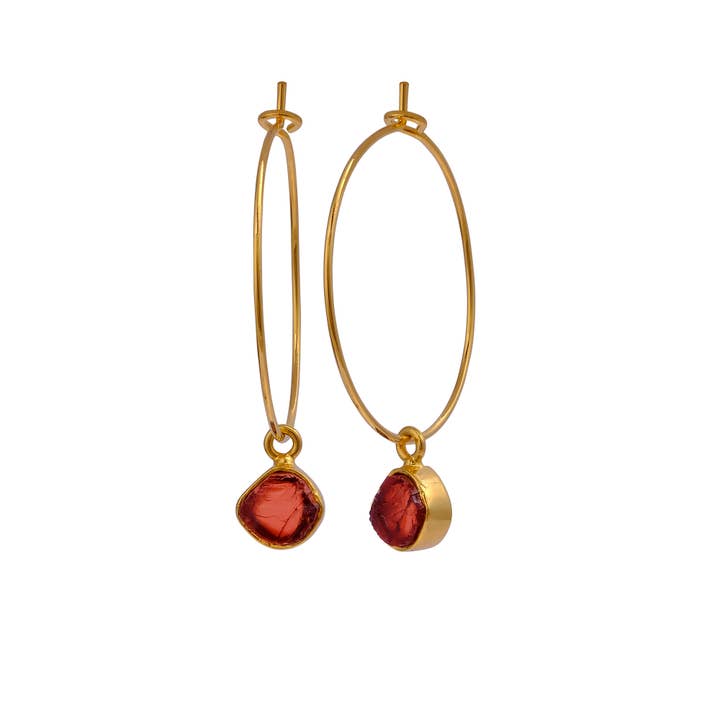 El Joyero - Vendita all'ingrosso Orecchini pendenti - Orecchini a cerchio fatti a mano con granato grezzo, pietra portafortuna di gennaio.3