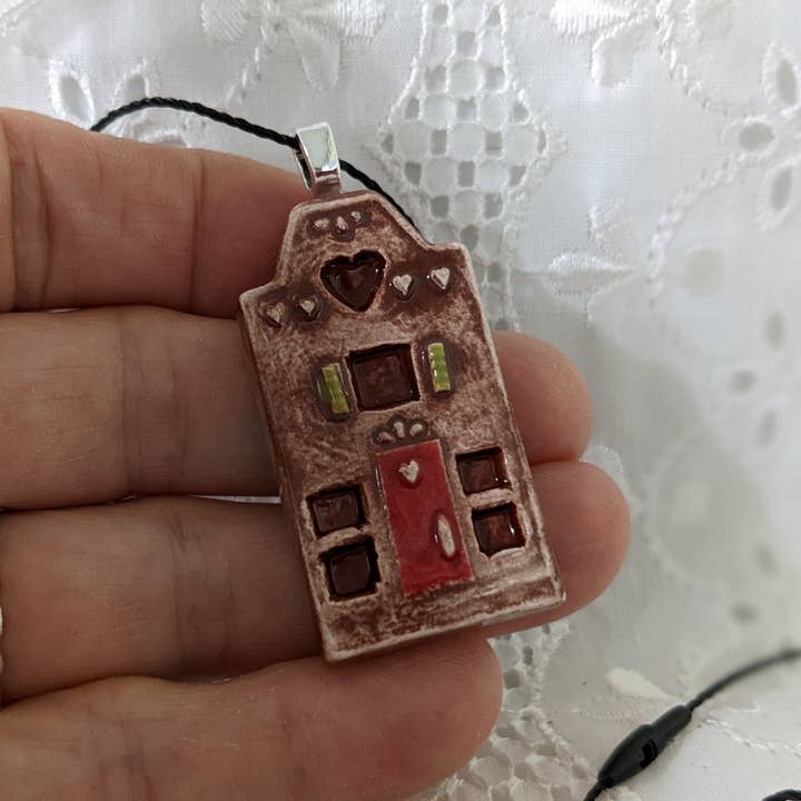 Miniature ceramic house pendant brown w/ red door and heart for wholesale by CurlyFernCeramics