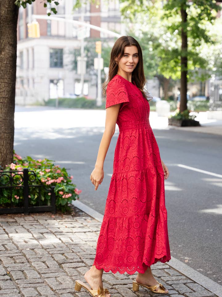Red Eyelet Cinched Waist Midi Dress for wholesale by Sail to Sable