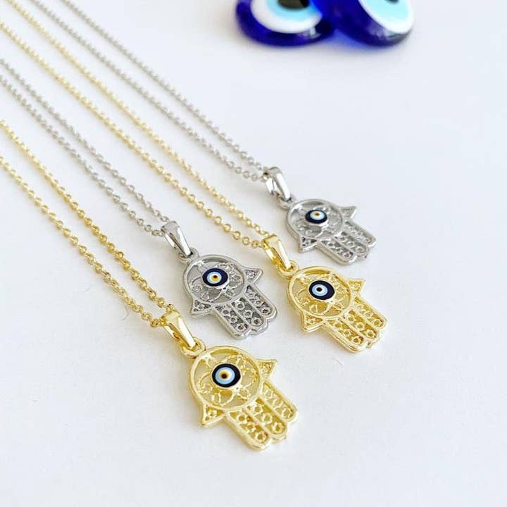 Hamsa Evil Eye Necklace, Gold Silver Hamsa Necklace, Lucky Necklace for wholesale by Evileyefavor
