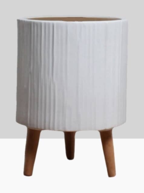 15 ¾in Ripple Matte White Ceramic Planter With Wood Legs for wholesale by Jamali Garden