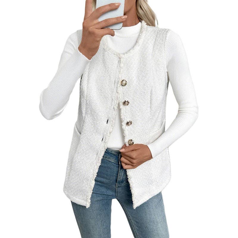 Blanc Gilet Élégant en Tweed pour Femme Blanc Sans Manches en vente sur Faire4