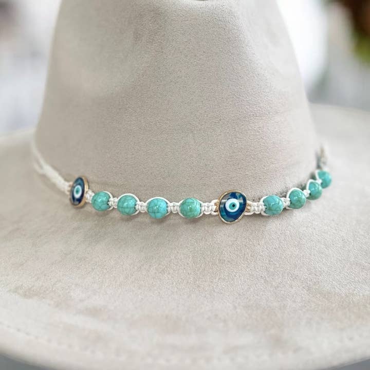 Hand Made Macrame Evil Eye Hat Band for wholesale by Wild Indigo
