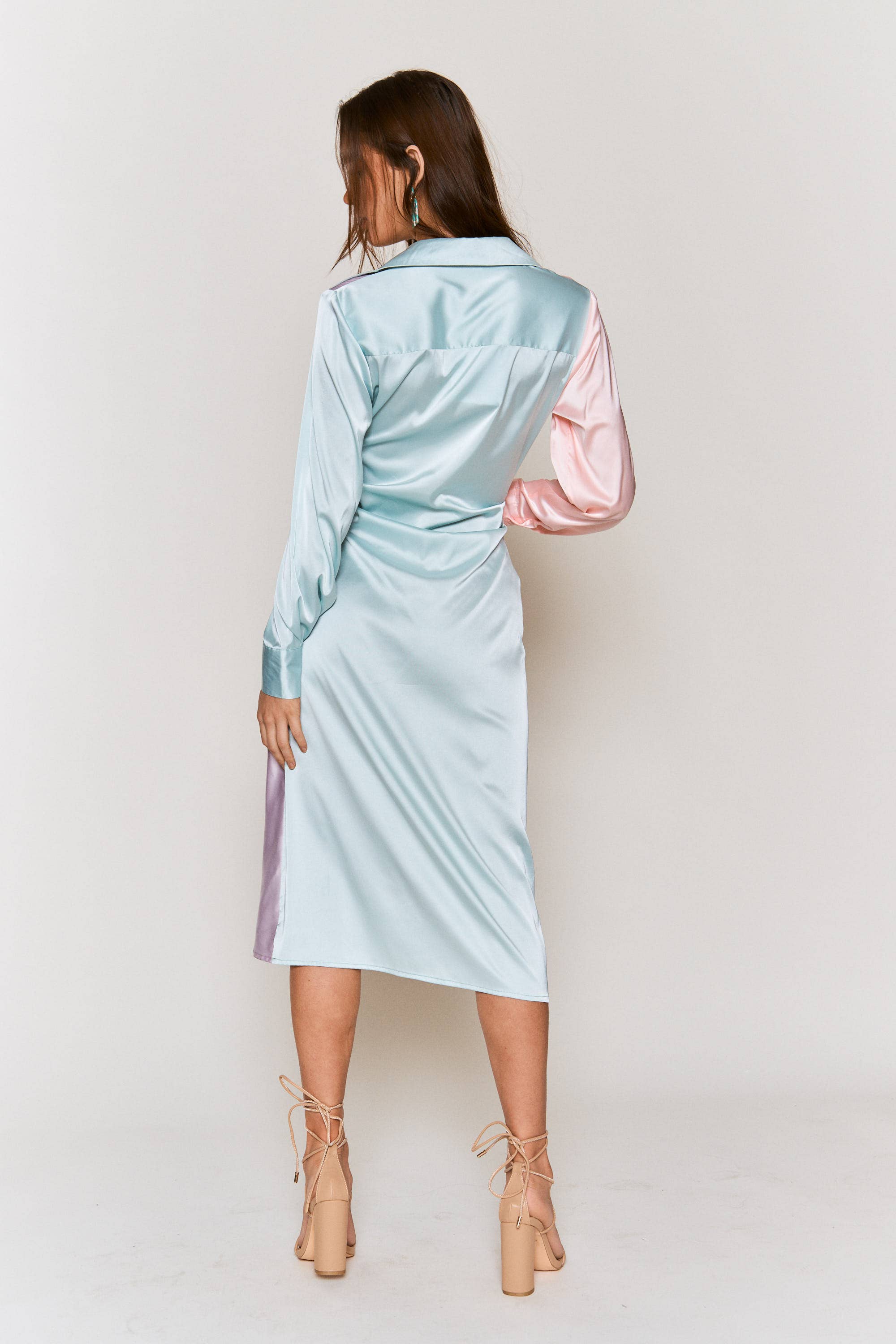 Hers & Mine - Wholesale Dress - Women's - Color Block Button Down Satin Midi Dress - Luxurious Feel8