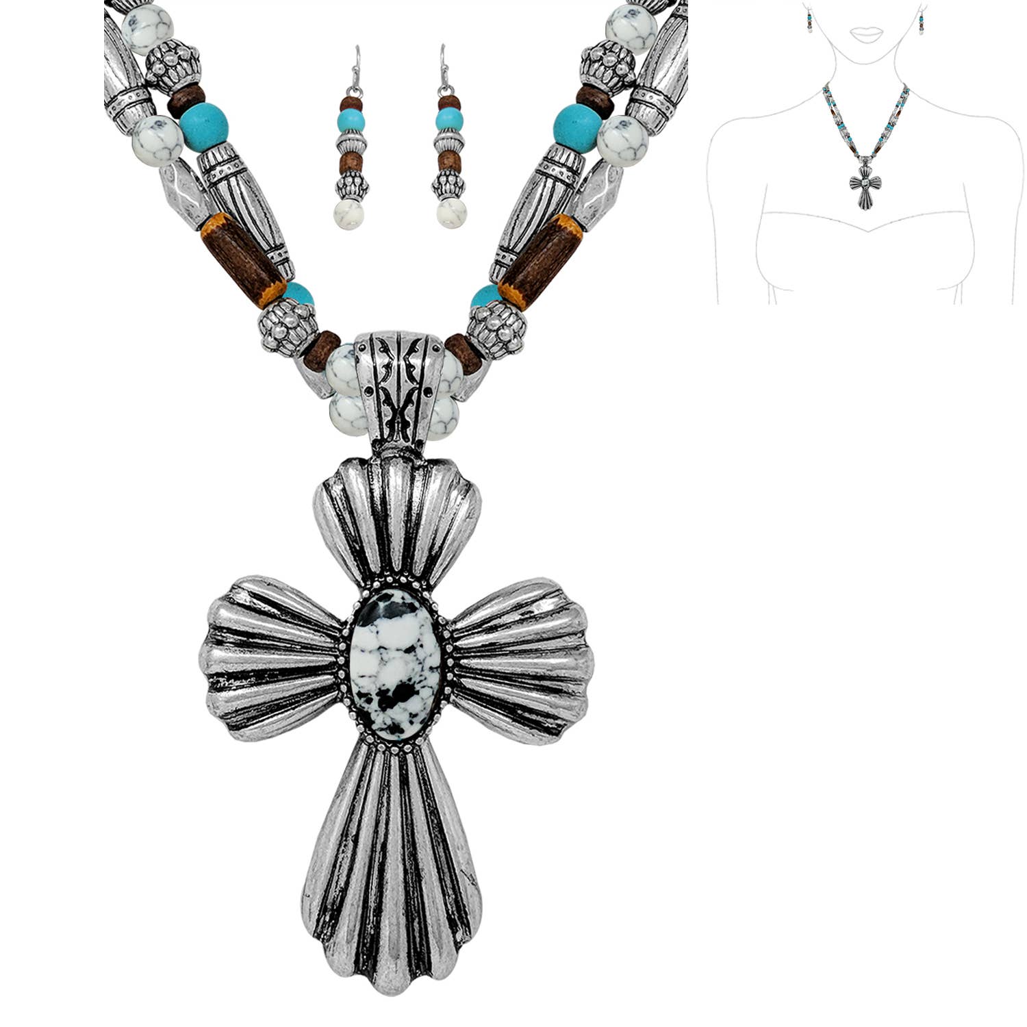 SP Sophia Collection - Wholesale Jewelry Set - Western Cross Beaded Necklace and Earrings Set2